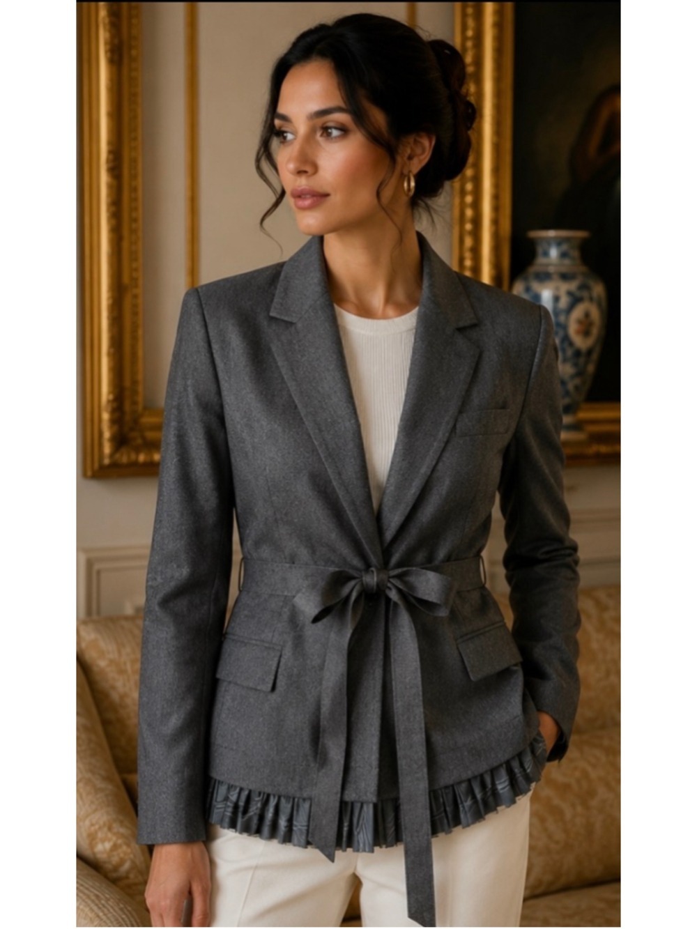 Alberta Ferretti Grey Herringbone Blazer with Pleated Hem, Size 8 Italian Luxury